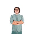 Portrait of smiling brunette student guy, long curly hair style wears eyeglasses, keeps hands folded smiling isolated on white Royalty Free Stock Photo