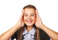 Portrait of smiling brunette teen girl on white background Royalty Free Stock Photo