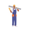 Portrait of smiling builder worker cartoon male character carrying level bubble and belt with tools