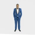 Portrait of smiling business black american man, African person standing isolated in fashion design concept on white background Royalty Free Stock Photo