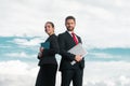 Portrait of smiling business people. Secretary and boss. Business people in suit outdoor. Beautiful young business woman Royalty Free Stock Photo