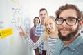 Portrait of smiling business team while standing by wall with sticky notes and drawings Royalty Free Stock Photo