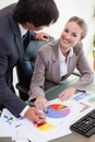 Portrait of a smiling business team studying statistics Royalty Free Stock Photo