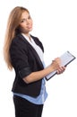 Portrait of smiling business woman with clipboard writing Royalty Free Stock Photo