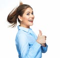 Portrait of smiling business woman show Thumb Up. Long motion hair. Royalty Free Stock Photo