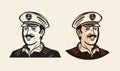 Portrait of smiling captain. Sailor, seafarer sketch. Vintage vector illustration