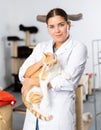 Girl animal shelter volunteer holding ginger tabby cat