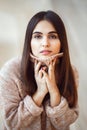 Portrait of smiling Caucasian brunette young beautiful girl woman model with long dark hair and brown eyes Royalty Free Stock Photo