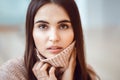 Portrait of smiling Caucasian brunette young beautiful girl woman model with long dark hair and brown eyes Royalty Free Stock Photo