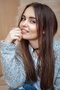 Portrait of smiling Caucasian brunette young beautiful girl woman model with long dark hair and brown eyes Royalty Free Stock Photo