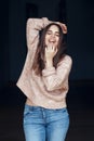 Portrait of smiling Caucasian brunette young beautiful girl woman model with long dark hair and brown eyes Royalty Free Stock Photo