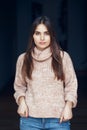 Portrait of smiling Caucasian brunette young beautiful girl woman model with long dark hair and brown eyes Royalty Free Stock Photo