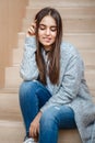 Portrait of smiling Caucasian brunette young beautiful girl woman model with long dark hair and brown eyes Royalty Free Stock Photo