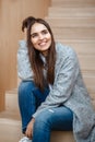 Portrait of smiling Caucasian brunette young beautiful girl woman model with long dark hair and brown eyes Royalty Free Stock Photo