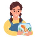 Caucasian girl with a pet goldfish. Flat style Illustration Royalty Free Stock Photo