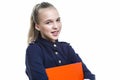 Portrait of Smiling Caucasian Teenager Girl Posing With Batch of Office Folders Against White Background Royalty Free Stock Photo