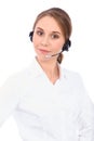 Portrait of smiling cheerful young support phone operator in headset, isolated over white background Royalty Free Stock Photo