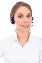 Portrait of smiling cheerful young support phone operator in headset, isolated over white background Royalty Free Stock Photo