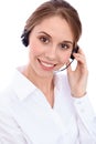 Portrait of smiling cheerful young support phone operator in headset, isolated over white background Royalty Free Stock Photo