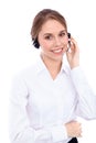 Portrait of smiling cheerful young support phone operator in headset, isolated over white background Royalty Free Stock Photo