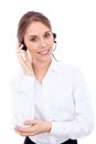 Portrait of smiling cheerful young support phone operator in headset, isolated over white background Royalty Free Stock Photo