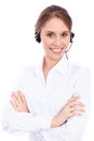 Portrait of smiling cheerful young support phone operator in headset, isolated over white background Royalty Free Stock Photo