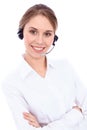 Portrait of smiling cheerful young support phone operator in headset, isolated over white background Royalty Free Stock Photo