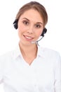 Portrait of smiling cheerful young support phone operator in headset, isolated over white background Royalty Free Stock Photo