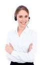 Portrait of smiling cheerful young support phone operator in headset, isolated over white background Royalty Free Stock Photo