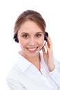 Portrait of smiling cheerful young support phone operator in headset, isolated over white background Royalty Free Stock Photo