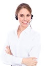 Portrait of smiling cheerful young support phone operator in headset, isolated over white background Royalty Free Stock Photo