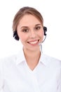 Portrait of smiling cheerful young support phone operator in headset, isolated over white background Royalty Free Stock Photo