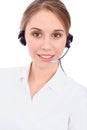 Portrait of smiling cheerful young support phone operator in headset, isolated over white background Royalty Free Stock Photo