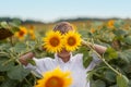 Portrait smiling child with sunflower in summer sunflower field on sunset. Kids happiness concept Royalty Free Stock Photo