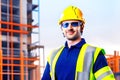 Portrait of a smiling construction worker on the background of a building. generative ai