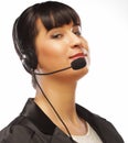 Portrait of smiling customer support female phone worker, over w Royalty Free Stock Photo