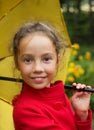 Portrait of smiling cute girl in red jacket with umbrella outdoor Royalty Free Stock Photo