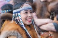 Portrait smiling expression female in traditional clothing aborigine people Kamchatka Peninsula. Celebration Koryak national