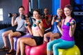 Portrait of smiling friends holding dumbbells while sitting on exercise ball Royalty Free Stock Photo