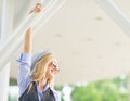 Portrait of smiling girl in the city looking on copy space Royalty Free Stock Photo