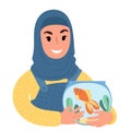 girl in a headscarf with a pet goldfish. Flat style Illustration Royalty Free Stock Photo