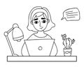 Portrait of smiling girl at laptop. Nearby is an online text message, correspondence, table lamp and cactus flowerpot