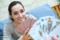 Portrait smiling girl playing cards Royalty Free Stock Photo