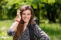 Portrait of smiling girl tourist with backpack Royalty Free Stock Photo