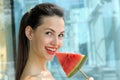 Portrait of a smiling girl with watermelon