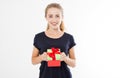 Portrait of a smiling girl, woman holding stack of gift boxes isolated on white background. Holiday concept. Mock up, template. Royalty Free Stock Photo