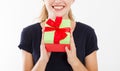 Portrait of a smiling girl, woman holding stack of gift boxes isolated on white background. Holiday concept. Mock up, template. Royalty Free Stock Photo