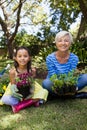 Portrait of smiling granddaughter and grandmother holding plants sitting with crossed legs Royalty Free Stock Photo