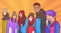 Portrait Of Smiling Group Of People Wear Winter Clothes Over Colorful Retro Style Background Mix Race Young Adults