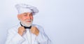 Portrait of smiling handsome bearded man in white uniform and chef hat. Professional chef or baker in cook hat. Copy Royalty Free Stock Photo
